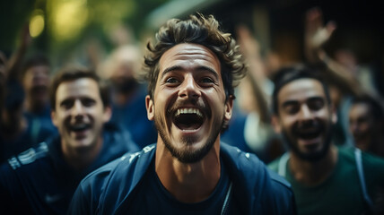 portrait of excited football or soccer fans watch the game cheering