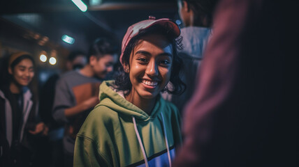 Fototapeta premium nightlife party in small local bar or club, fictional place, dark tanned skin tone, multi-ethnic tropical, fun and joy and a good mood smile, woman 20s