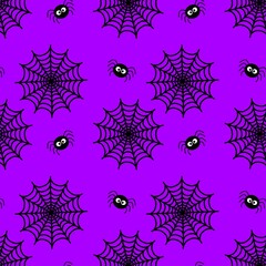Repeating pattern of cobwebs and spiders on a purple background