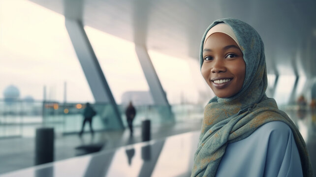 adult woman, 20s 30s, dark tanned skin color, hijab headscarf, muslim and silam, modern large area balcony or terrace, luxury building in a city, office building or airport or mall, fictional place
