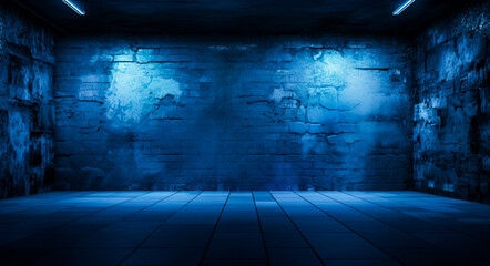 Empty dark blue abstract cement wall and room, empty stage background. Brick wall with colorful neon lights. ai generation