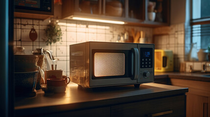 A modern microwave in the kitchen - obrazy, fototapety, plakaty