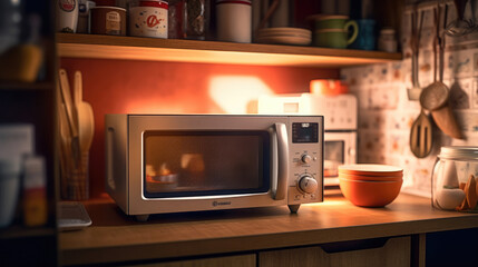 A modern microwave in the kitchen - obrazy, fototapety, plakaty