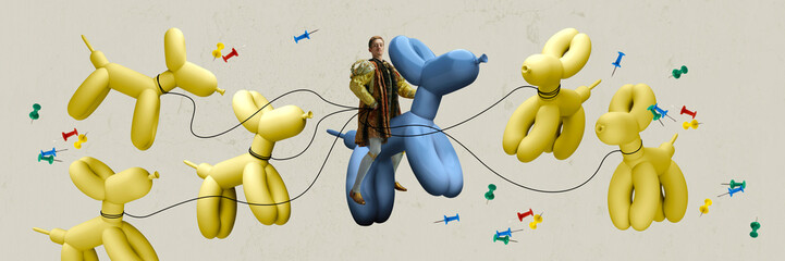 Man in image of royal person, prince or kind rising on giant toy dog over light background. Banner. Contemporary art collage. Concept of eras comparison, creativity, modern art