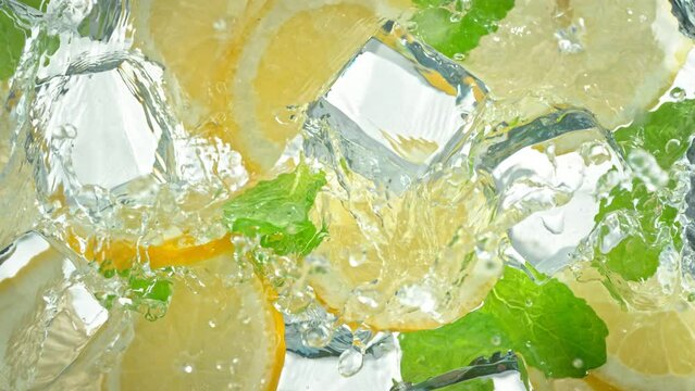Super Slow Motion Shot of Water Wave Splashing on Lemon Slices, Ice Cubes and Leaves at 1000fps.