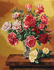 Embroidered picture, still life with bouquet of flowers in vase, cross-stitch on textile canvas