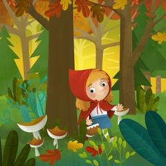 cartoon scene with young girl princess in the wild forest illustration for children