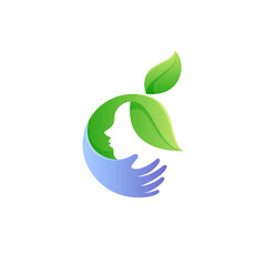 Beauty care logo design with combination of natural leaves and hands in 3D design style