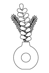 Boho style round vase with bouquet, doodle flat vector outline illustration for kids coloring book