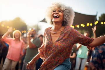 A jubilant mature woman attending a lively outdoor concert, dancing and singing along with the crowd