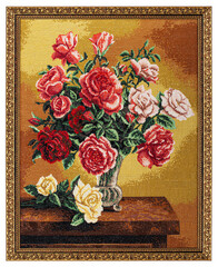 Embroidered picture, still life with bouquet of flowers in vase, cross-stitch on textile canvas, isolated on white background