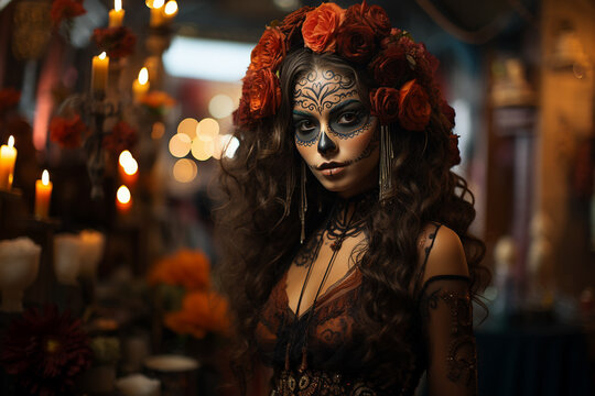 Mexican woman with a skull mask on Day of the Dead