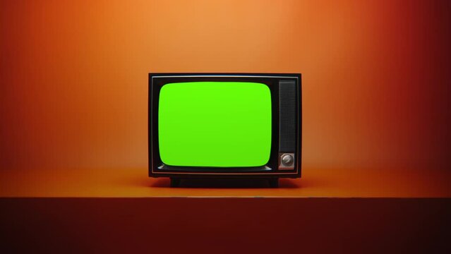 Green screen retro tv television 1980s or 1990s era with a glitches, noise, interference in an orange room. 