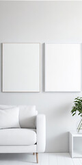 White living room design, Blank picture frame mockup on white wall