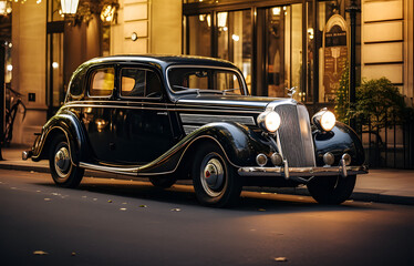 Vintage French Elegance: Classic Black Car in 1930s Parisian Night - generative ai