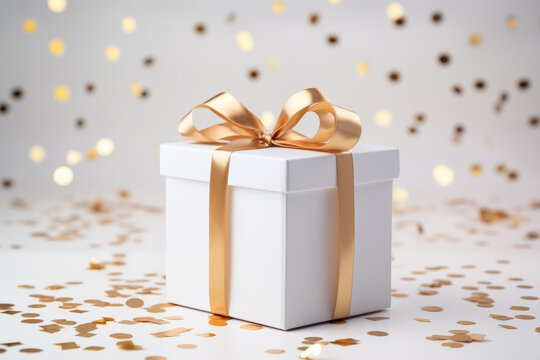 A luxury white gift box present wrapped with gold ribbon and golden glitter