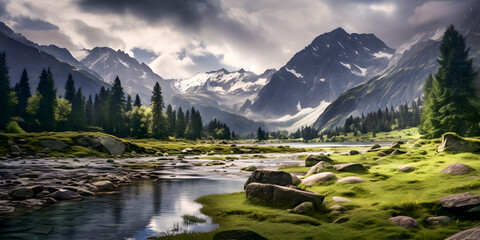Fototapeta na wymiar Serene Alpine Lake with Scattered Clouds - Generative ai