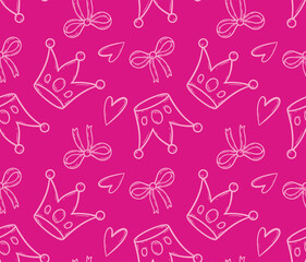 Seamess pattern with doodle crowns and hearts Romantic cute baby print. Little princess design Pink wallpaper for baby girl Vector illustration for children cloth fabric kids pyjamas Pink background.