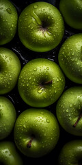 Green apples after having been washed, with drop of water