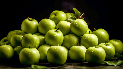 Green apples after having been washed, with drop of water