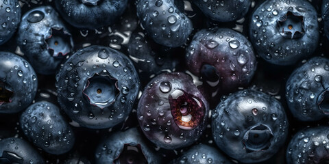 fresh blueberries washed in water with water drops 