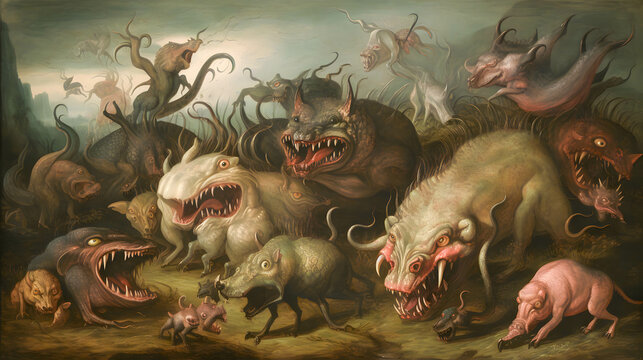 classic oil painting of scary monsters 