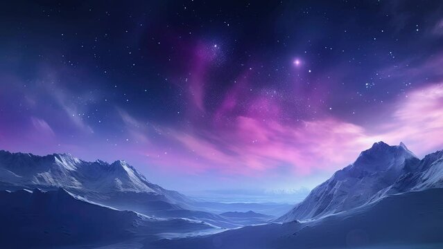 Snow mountains. Aurora purple lights in starry night sky. Aerial view