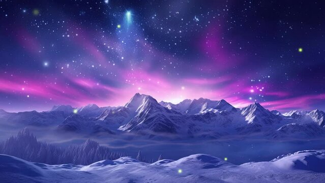 Snow mountains. Aurora purple lights in starry night sky. Aerial view