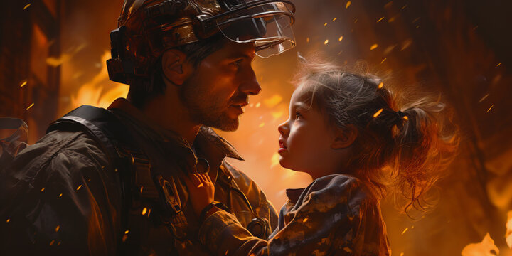 Conceptual image of a firefighter saving a child. Generative AI