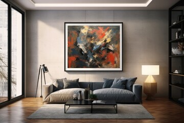 A vibrant abstract piece in a polished black frame sits on the wall, bringing a dash of artistic sophistication to the room. Generative AI