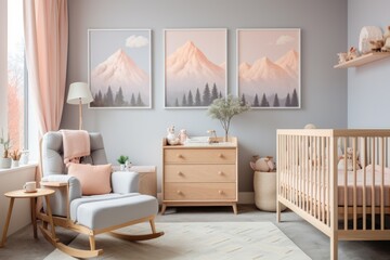 Complete with a Crib, Rocking Chair, and Whimsical Wall Art, the Nursery is Designed in Soft Pastel Colors. Generative AI