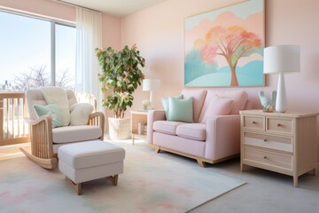 Complete with a Crib, Rocking Chair, and Whimsical Wall Art, the Nursery is Designed in Soft Pastel Colors. Generative AI