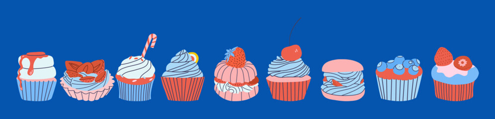 A set of different cakes, muffins and cupcakes. Sweet pastries. Vector illustration.