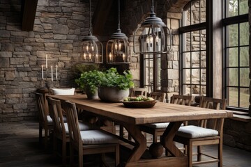 Fototapeta na wymiar Warm and welcoming, a rustic dining room features a wooden table, mismatched chairs, and a grand chandelier, creating a charming atmosphere. Generative AI