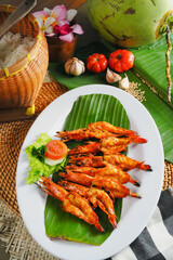 Indonesian seafood, Balinese seafood, Jimbaran Seafood. Indonesian Traditional Grilled Shrimps.