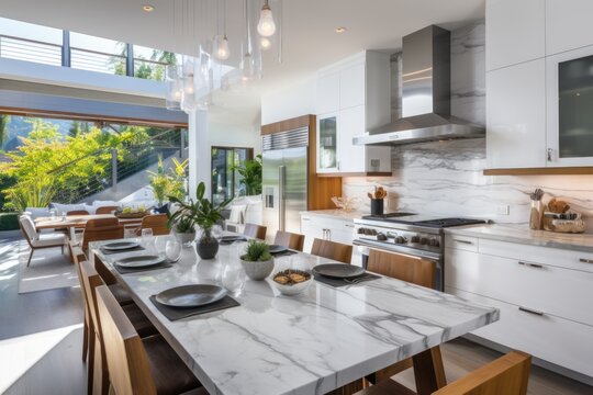 A stylish and modern kitchen characterized by stainless steel appliances, elegant marble countertops, and an open floor plan that effortlessly flows into the adjoining dining space. Generative AI