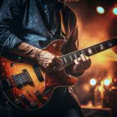 Fototapeta premium man in a blue shirt with rolled-up sleeves playing an electric guitar, generative ai 