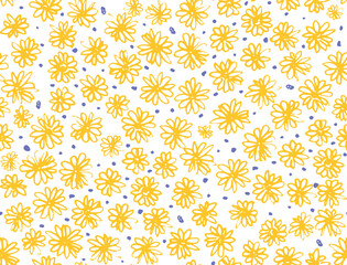 Cute seamless pattern with hand drawn textured yellow daisy flowers and blue dots. Sketch vector floral gerbera and marguerite texture for textile, surface design, wallpaper, wrapping paper