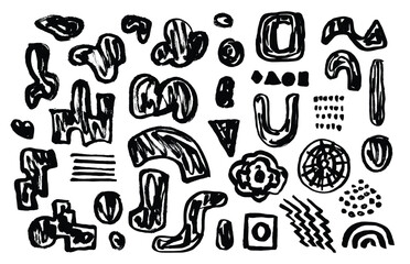 Set of grunge black ink hand drawn textured shapes and doodles. Abstract contemporary freehand scribble elements for banner design, patterns, flyers, posters
