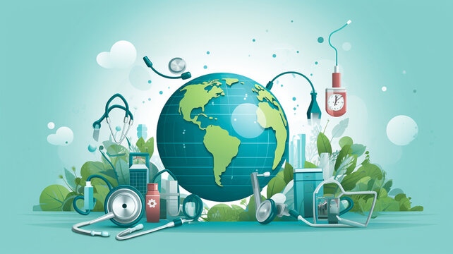 World healthcare day illustration, progress in science doctors, nurses and medicine 