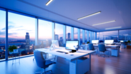 Fototapeta na wymiar Blurred working Space Office Interior with Panoramic Windows Beautiful Dusk Light, Generative AI