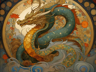 Decorative art nouveau illustration of a chinese dragon in profile on an ornate background