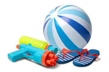 ビーチボール、水鉄砲、ビーチサンダル。
夏、夏休み、水遊びのイメージ