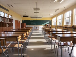 Classroom with a large table and window and chairs 