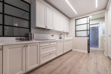 Side of a large modern kitchen with white wooden furniture with drawers