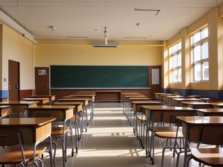 Classroom with a large table and window and chairs 
