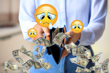Woman holding wallet with flying out dollar banknotes, closeup. Sad emoji illustrations symbolizing...