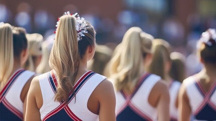 Rear view of a group of college cheerleaders performing