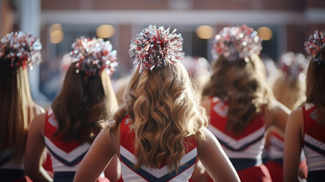Rear view of a group of college cheerleaders performing