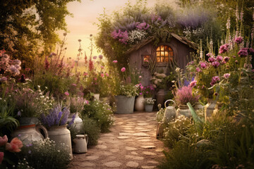 Fototapeta premium Beautiful Herbs and Flowers Garden at Golden Hour